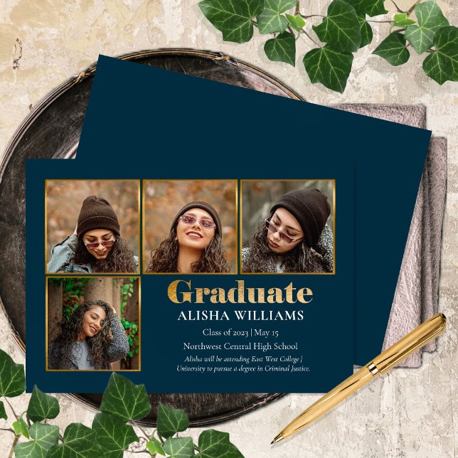 Faire-part Classy Elegant Gold Text Graduate 4 Photo (Créateur téléchargé)