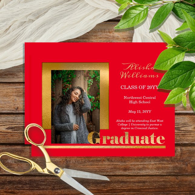 Faire-part Classy Elegant Gold Texte Gradué 1 Photo Rouge (Classy Elegant Gold Tone Text "Graduate" One Photo Red Graduation Announcement - Print | Download)