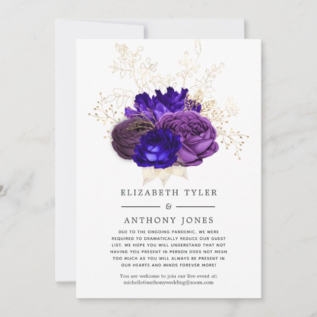 Faire-part Clients Mariage violet, Royal Blue et Gold Floral (Devant)