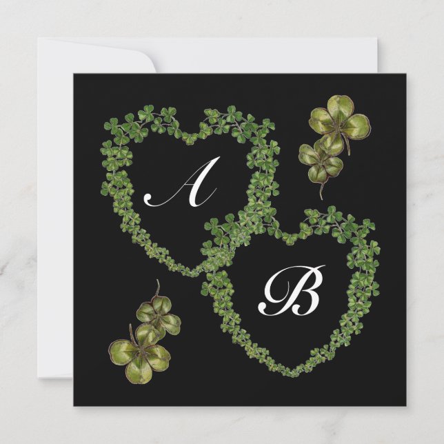 Faire-part COEURS DE SHAMROCK VERT MONOGRAMME noir blanc viol (Devant)