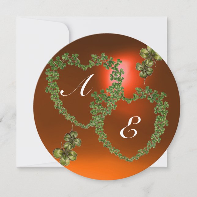 Faire-part COEURS SHAMROCKS VERTS MONOGRAMME blanc, orange (Devant)