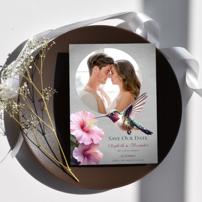 Faire-part Colibri et Hibiscus Photo Enregistrer la date | Gr (Gray Hummingbird Hibiscus Photo Save the Date)