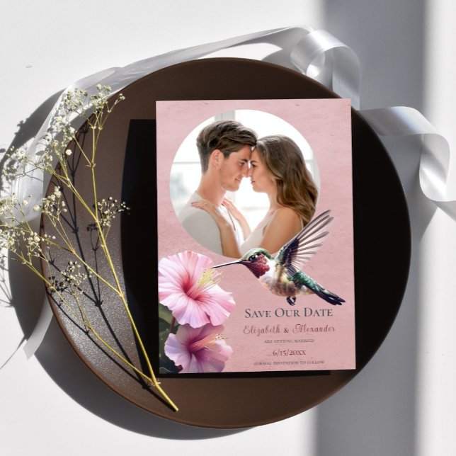 Faire-part Colibri et Hibiscus Photo Enregistrer la date rose (Pink Hummingbird Hibiscus Photo Save the Date)