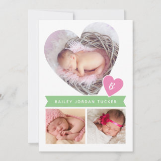 Faire-part Collage de photos du coeur Pink Green bébé fille n