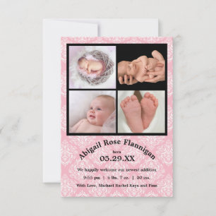 Faire-part Collage photo Damassé Rose-3x5 Annonce Naissance