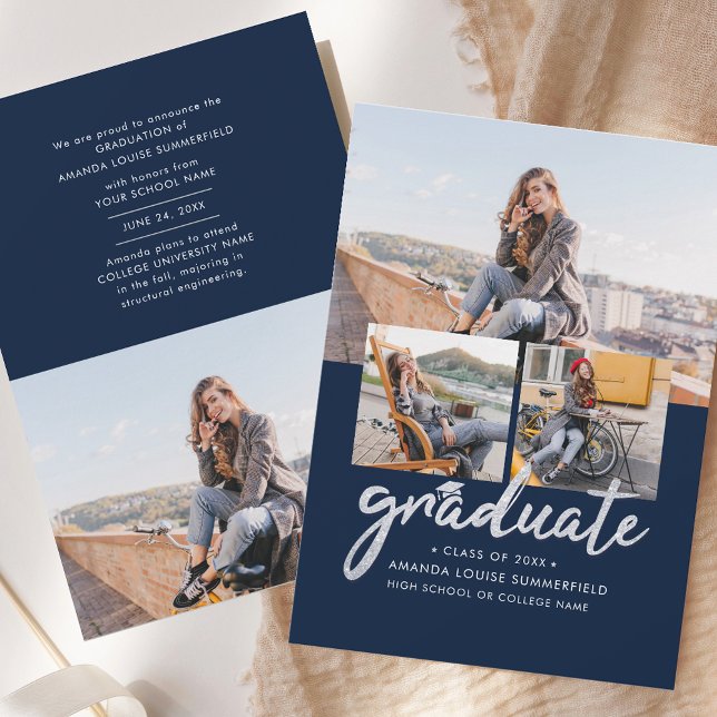 Faire-part Collage photo de script 2025 (Graduate 2025 Script Photo Collage Navy Blue Grad Announcement)