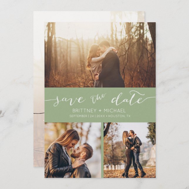 Faire-part Collage photo moderne écrit à la main vert sauge (Devant / Derrière)