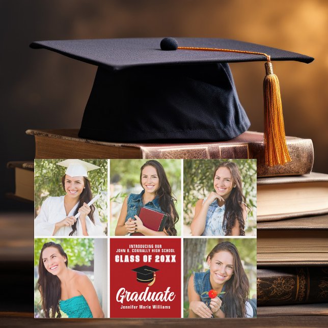 Faire-part Collage photo Red Graduate Diplôme personnalisé (Créateur téléchargé)