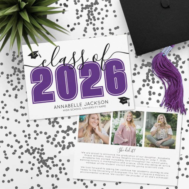 Faire-part Collage photo violet remise de diplôme (Photo Collage Purple Graduation Announcement)