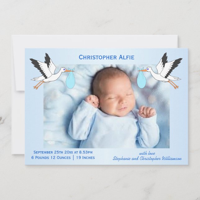 Faire-part Conception de cigogne bébé garçon naissance (Devant)