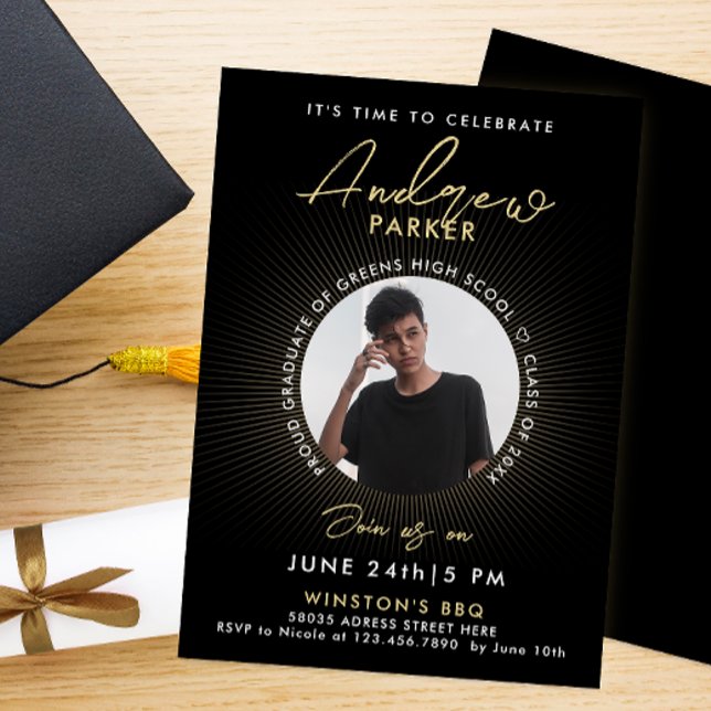 Faire-part Cool Moderne Graduation Black Gold Photo Invitatio (Créateur téléchargé)