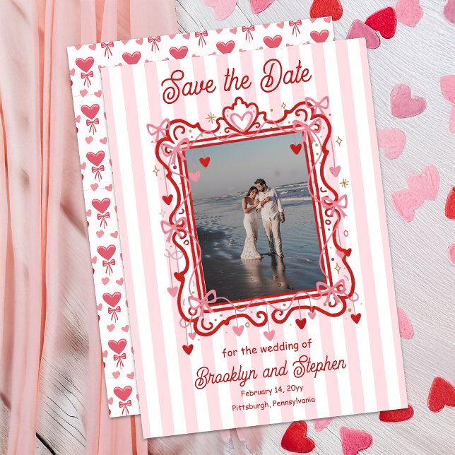 Faire-part Coquette Hearts & Bows Wedding Save the Date (Coquette Hearts and Bows Photo Wedding Save the Date Announcement - Print | Digital Download)