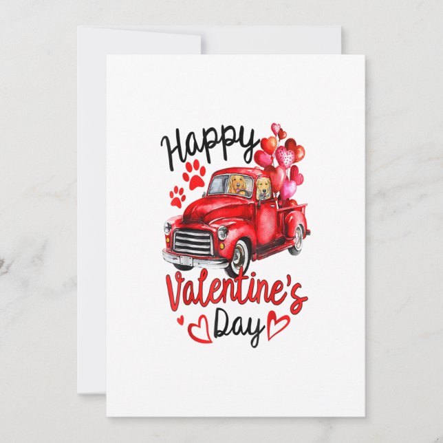 Faire-part Couple Golden Retriever Red Truck Happy Valentines (Devant)