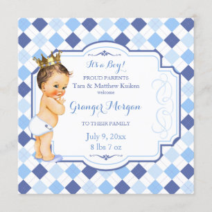 Faire-part Couronne de bébé vintage brun Little Prince Argyle