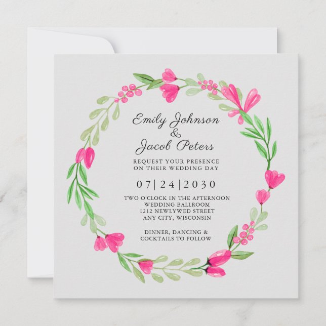 Faire-part Couronne de fleurs roses Élégant mariage floral bl (Devant)
