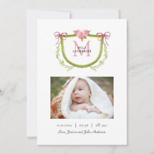 Faire-part Crête florale mignonne avec Monogramme Bébé fille 