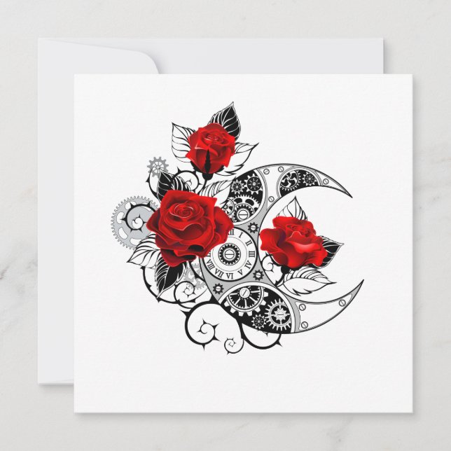 Faire-part Croissant mécanique avec des roses rouges (Devant)
