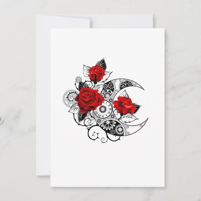 Faire-part Croissant mécanique avec roses rouges (Devant)