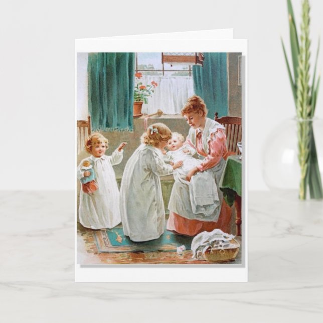 Faire-part Cru - soeurs aidant avec le nouveau bébé, (Devant)