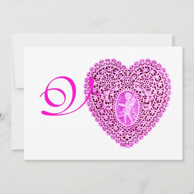 Faire-part CUPID LACE COEUR MONOGRAM, champagne fuchsia rouge (Devant)