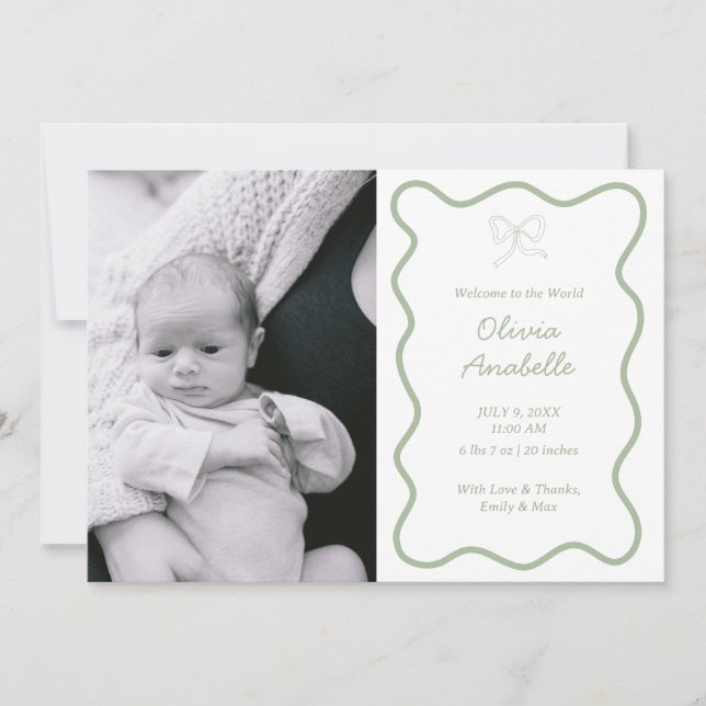 Faire-part Custom Sage Green Bow Wavy Boho Collage bébé naiss (Devant)