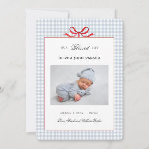 Faire-part Cute Blue en vichy bébé garçon Fête Naissance