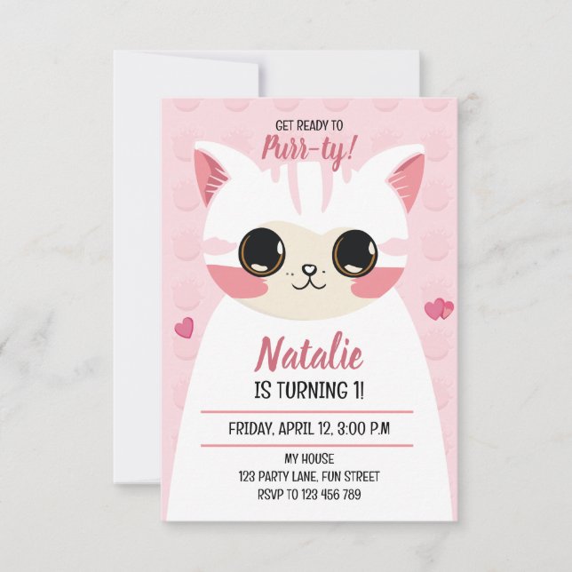 Faire-part Cute cat first birthday  (Devant)