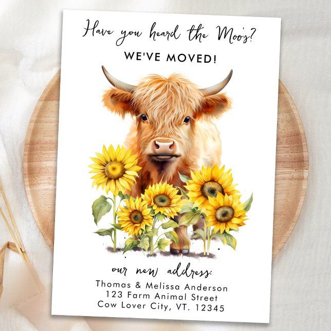 Faire-part Cute Highland Cow Sunflowers Nouvelle adresse Movi (Créateur téléchargé)