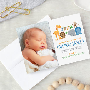 Faire-part Cute Jungle Animaux Bébé Garçon Photo Bleu Naissan