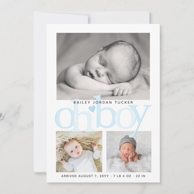 Faire-part Cute Oh Boy Blue Heart Collage Photo Naissance (Devant)