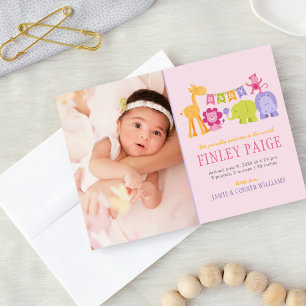 Faire-part Cute Rose Jungle Animaux Bébé Fille Photo Naissanc