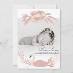 Faire-part Cygne délicat bébé fille floral rose photo personn
