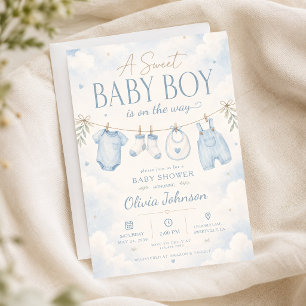 Faire-part de Baby Shower Aquarelle Bleue Douce Ba