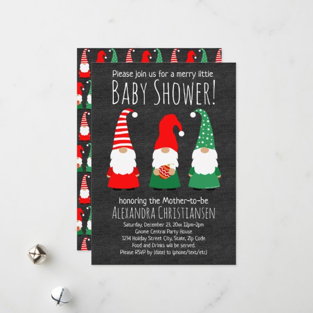 Faire-part de Baby Shower aux Gnomes de Noël migno (Devant/Arrière en situation)