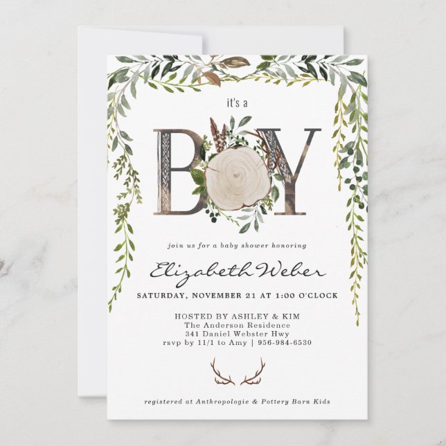 Faire-part de Baby Shower avec tranche de bois rus (Devant)