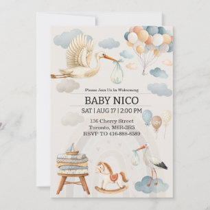 Faire-part de Baby Shower avec une cigogne aquarel