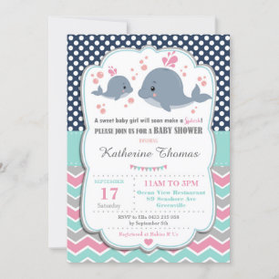 Faire-part de Baby Shower Bébé Baleine Fille Rose