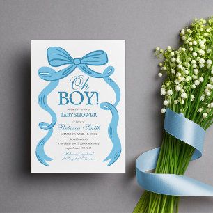 Faire-Part de Baby Shower Bleu Bow Oh Boy Vintage