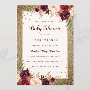 Faire-part de Baby Shower Burgundy floral Sparkle