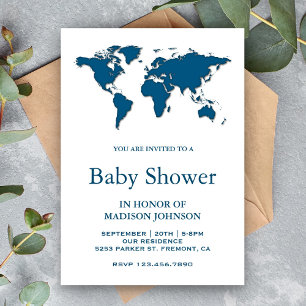 Faire-Part de Baby Shower Carte du Monde Bleue Mod