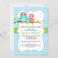 Faire-part de Baby Shower Chouette Mignon / Bleu V
