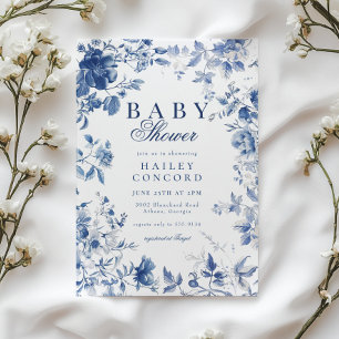Faire-part de Baby Shower Élégant Bleu Toile Chino