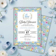 Faire-part de Baby Shower élégant fleurs bleues po