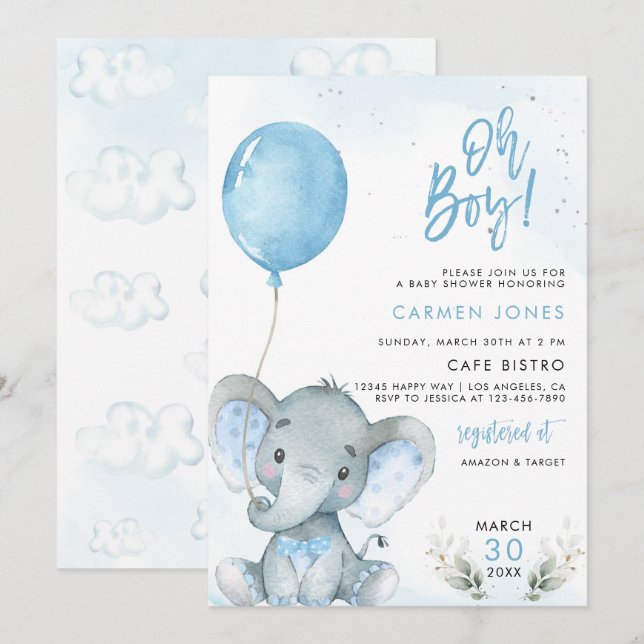 Faire-part de Baby Shower Éléphant avec Ballon Ble (Devant / Derrière)