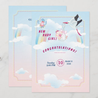 faire-part de baby shower fille avec une cigogne d