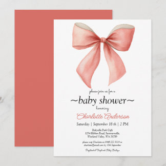 Faire-part de Baby Shower Fille Ruban Rose Corail