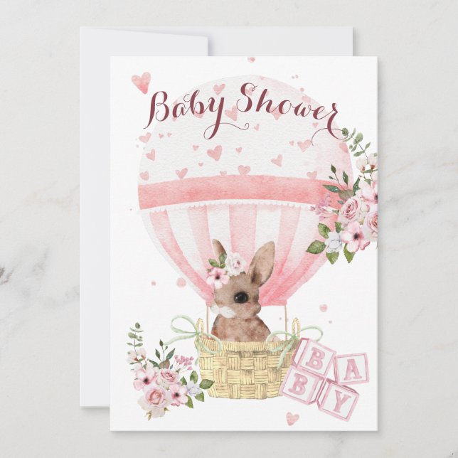 Faire-part de Baby Shower Fleur Rose avec Lapin de (Devant)