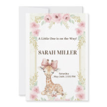 Faire-part de Baby Shower Fleur Rose Girafe Mignon