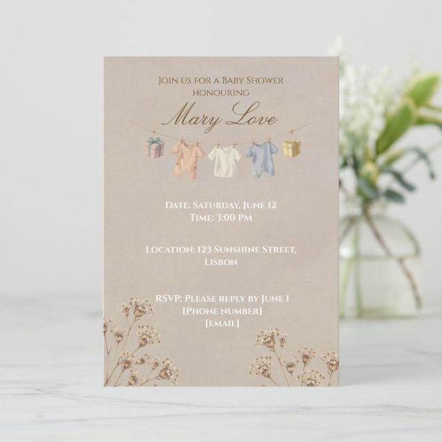 Faire-part de Baby Shower Fleur Séchée Boho (Debout devant)