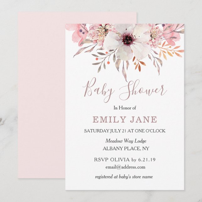 Faire-part de Baby Shower Fleurie Aquarelle Rose P (Devant / Derrière)
